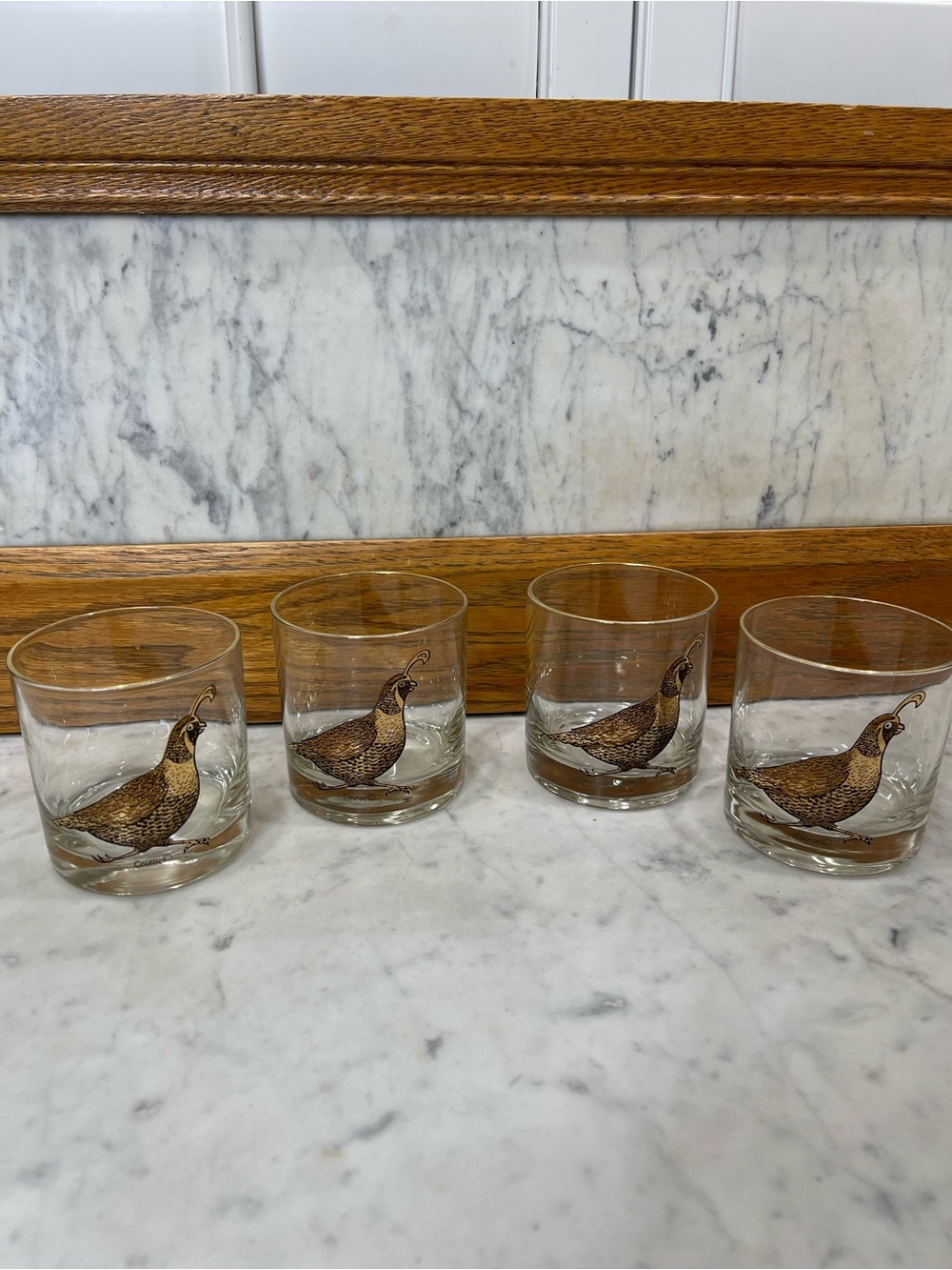 4 vintage Couroc quail lowball tumblers featuring black and gold quail